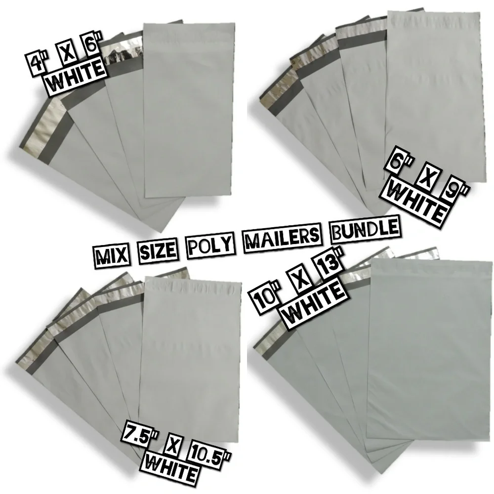 100 White Mix Size Poly Mailers Bundle (25 ea)